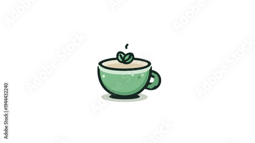 A cartoon image of a green teacup filled with tea, garnished with leaves, set against a white background
