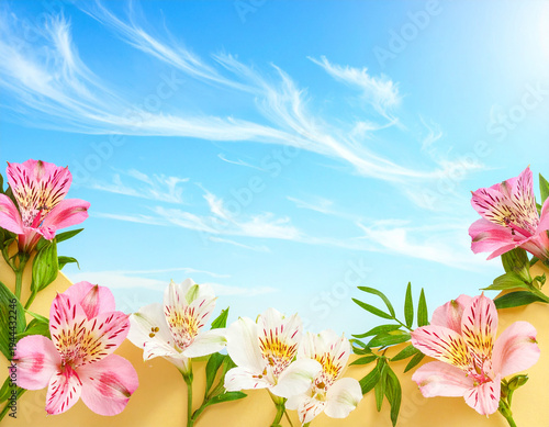 Wallpaper Mural spring flowers frame. botanical flatlay border of alstroemeria lily like flowers on blue sky background
 Torontodigital.ca