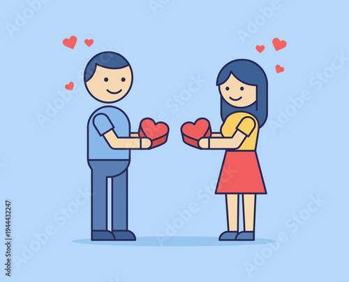 Cartoon couple exchanging heart symbols.