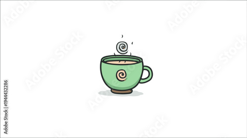 A cute cartoon drawing of a steaming cup of warm beverage with a spiral design