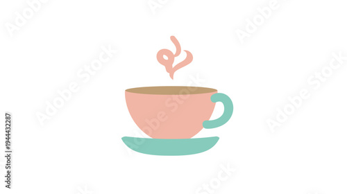 A stylized illustration of a warm beverage in a cup, with steam and saucer