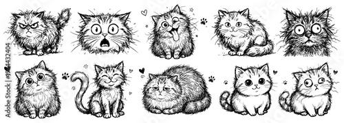 Black and White Cat Doodle in Charcoal Crayon Sketch Style, Minimal Ink Texture, Whimsical Nursery Scrapbook Sticker Vector Illustration