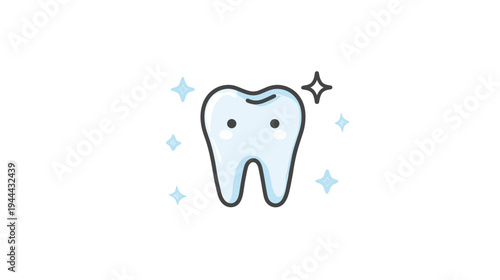 Cute cartoon tooth with sparkling effects floating around it, set against a clean white background