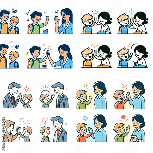 Boy high-fiving teacher in classroom with positive interaction  