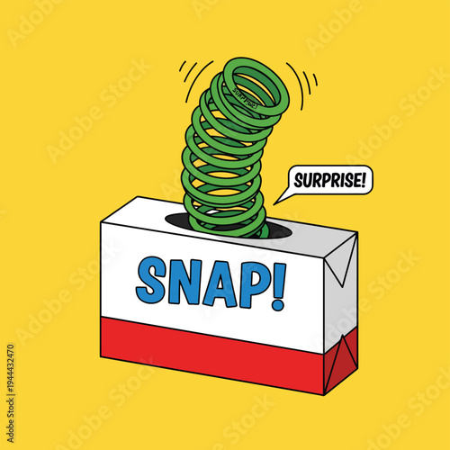 Green spring popping out of tissue box with text snap and surprise, fun cartoon illustration, element of surprise concept