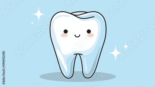 Adorable cartoon tooth with rosy cheeks, smiling, and sparkly accents. Soft blue background