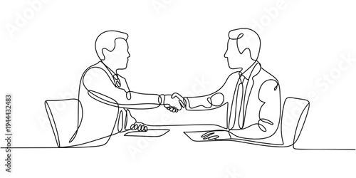 Continuous line drawing of business handshake between caucasian male and female adults. No editable stroke