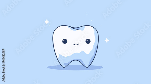 A smiling, happy cartoon tooth on a light blue background. Sparkles and shadow are present