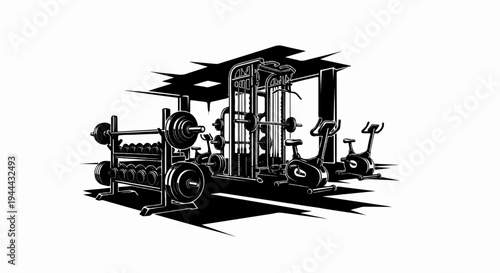 Interior of a gym with weights, machines and exercise bikes