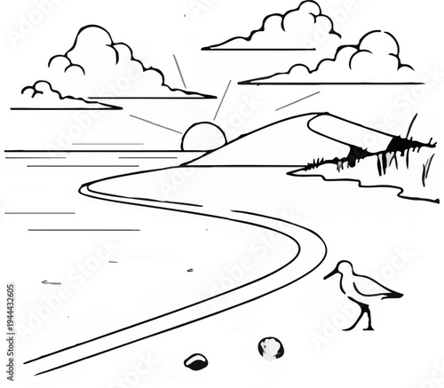 Gentle sunrise over a serene coastal landscape with a solitary bird