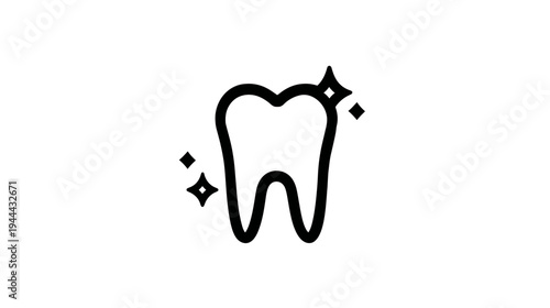 A clean tooth icon, featuring a white background, black outline, and sparkling starbursts