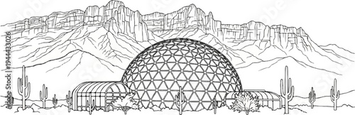 Geodesic dome structure with greenhouses and cactus plants before mountains