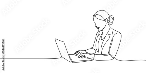 women with laptop continuous one line drawing, one line drawing of businesswoman working on laptop. Middle aged business woman using laptop working on computer sitting at desk