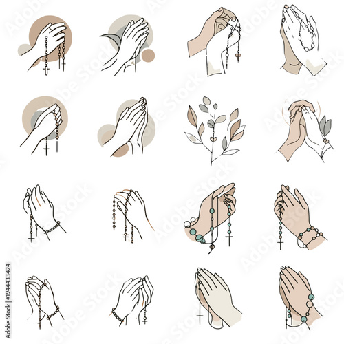 Praying hands in various poses with rosary beads and delicate leaves  