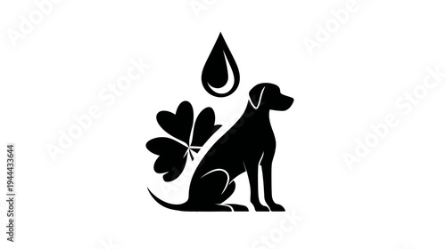 Silhouetted dog with clover and water droplet graphic on white background