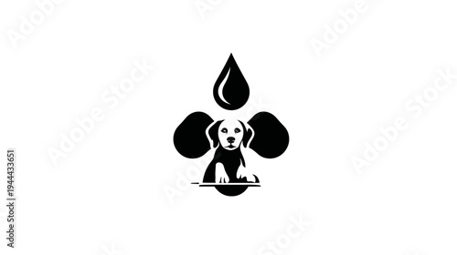 A dog-shaped icon, black and white, featuring a water drop above a dog with large ears