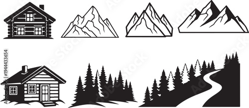 Mountain cabin and landscape icons in black and white