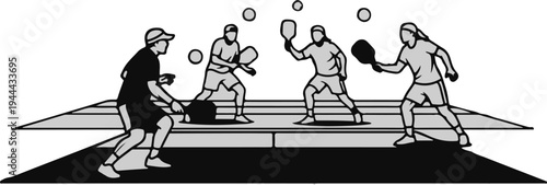 Four figures playing a paddle sport on a court