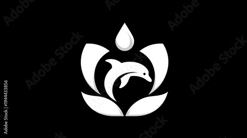 A white dolphin gracefully leaping from water, nestled within flower-like petals against a black backdrop