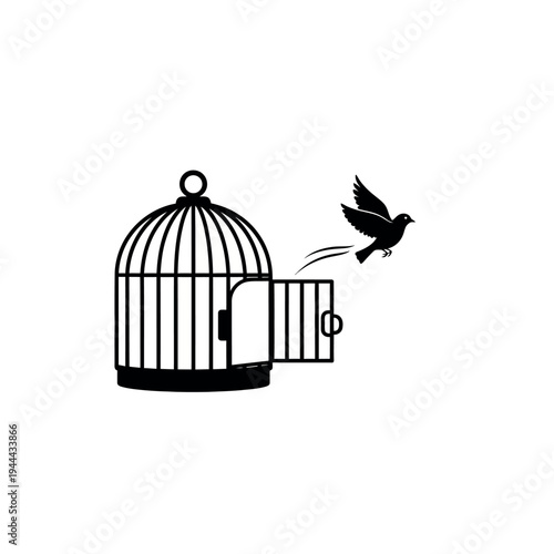 Bird escaping cage freedom concept.