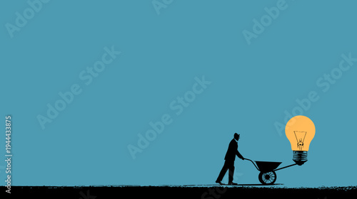 Silhouette of a person pushing a wheelbarrow containing a glowing lightbulb against a blue background