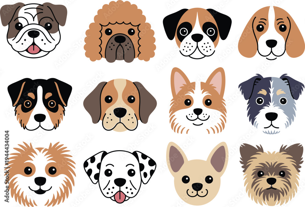 Fototapeta premium Cute cartoon dog breed faces collection, twelve pet head illustrations in grid layout, animal character design for kids – cad drawing flat vector illustration