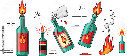 Burning Molotov Cocktail Bottle Cartoon Vector Illustration Set with Flaming Glass Firebombs for Protest, Riot, Danger, and Explosive Hazard Concept