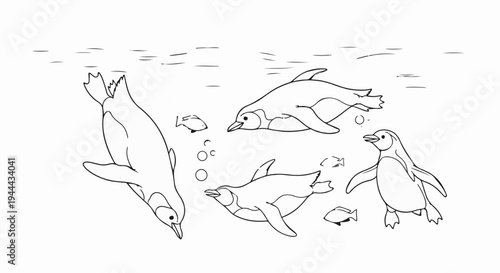 Four penguins swim underwater with small fish and bubbles