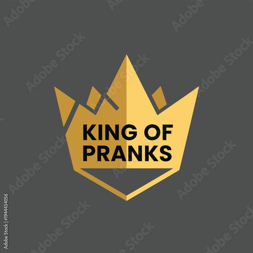 King of pranks logo design featuring a bold golden crown with text isolated on a dark gray background, for humor or mischief