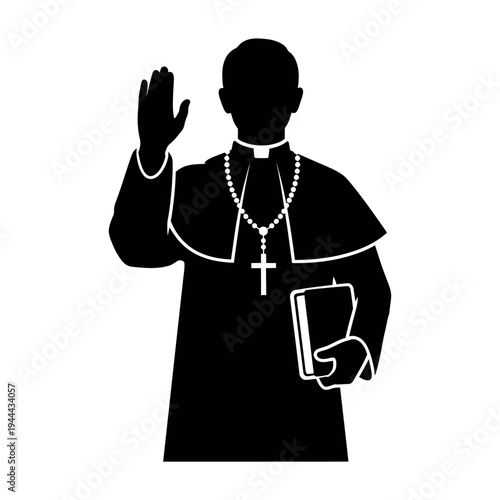 Catholic Priest Silhouette with Raised Hand and Bible.