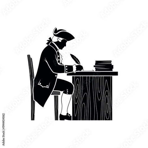 Colonial Era Scribe Writing at Desk with Quill Pen.