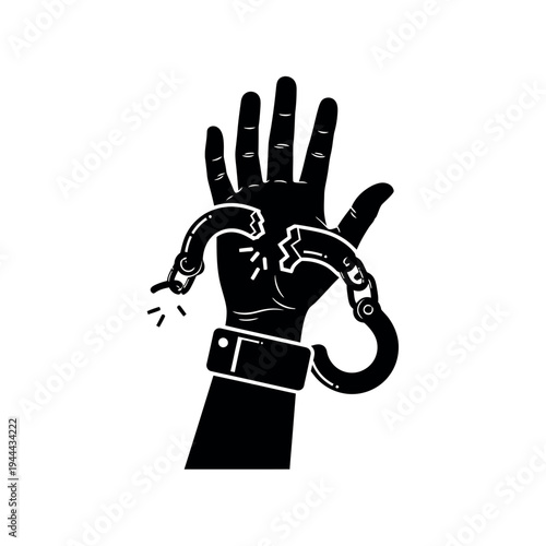 Hand breaking free from broken handcuffs.