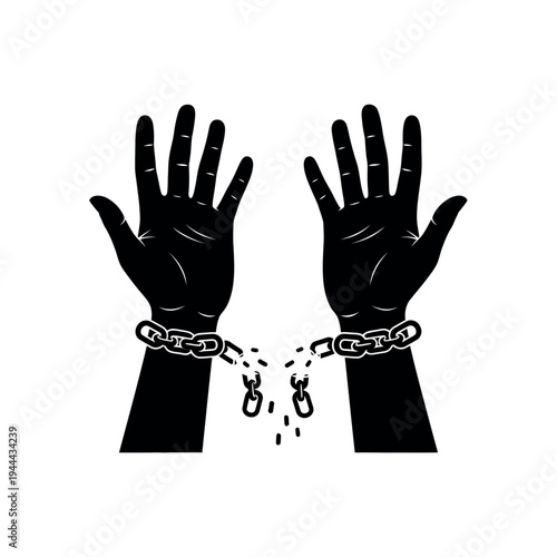 Hands breaking free from chains symbolizing liberation.
