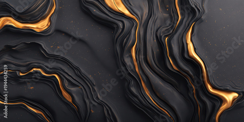Black marble texture with gold veins, abstract luxury background with smooth flowing lines and elegant shiny metallic details, artistic pattern with rich contrast and depth