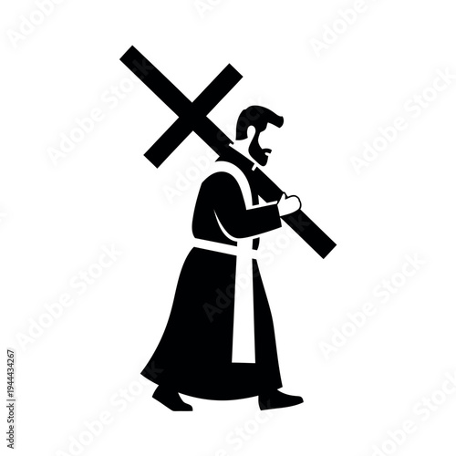 Man carrying cross religious symbol.