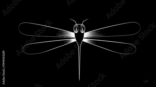 Minimalist illustration of a dragonfly. White outline on black. Simplified design. Clear details