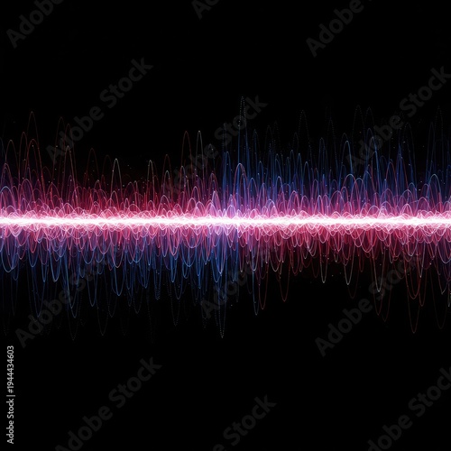 Abstract technological background showing dynamic energy waves oscillating in a dark virtual space with vibrant frequency patterns, equalizer, sound, technology