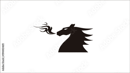 Black silhouette logo depicts a horse head exhaling smoke or fire. It features a minimalist design