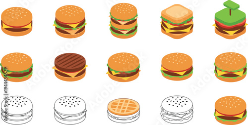Cartoon Burger and Sandwich Vector Set with Cheeseburger, Beef Burger, Fast Food Hamburger Icons for Restaurant Menu and Street Food Illustration