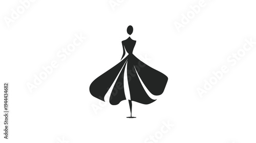 Silhouetted dress design on white, depicting a flowing gown, minimalist aesthetic