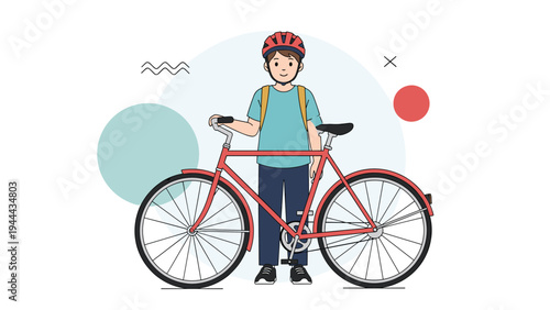 Young male cyclist in a teal shirt and helmet standing with his red mountain bike against a clean geometric background.