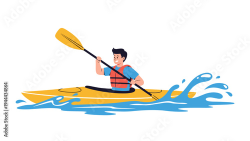 Active man in a life jacket paddling a yellow kayak through splashing blue water in a vibrant summer sports illustration.
