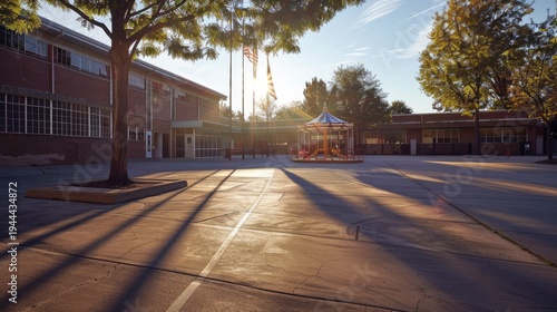 Empty School Playground with Carousel and Swings at Golden Hour.