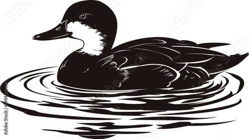 A black and white illustration of a bird floating on water, showcasing simplicity