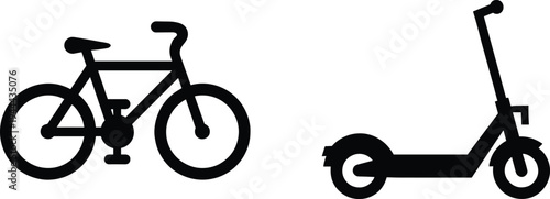 Silhouette illustration of urban personal transportation showing bicycle and electric scooter side by side, eco-friendly mobility concept for city commuting and sustainable lifestyle design