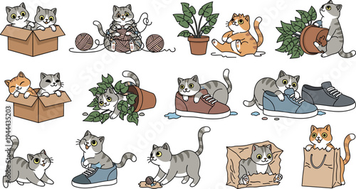 Cute Playful Cat Mischief Vector Illustration Set with Kittens in Boxes, Shoes, Plants and Yarn Balls Funny Cartoon Kitty Characters