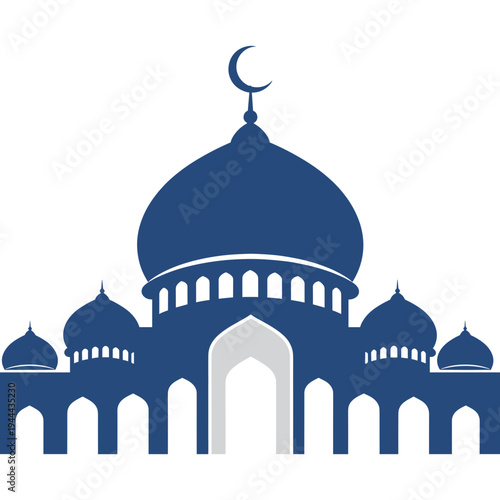 A serene mosque stands majestically under the crescent moon at night.