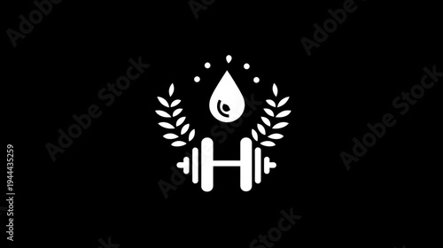 A white silhouette icon on black featuring a water drop, laurel wreaths, and a dumbbell with the letter H