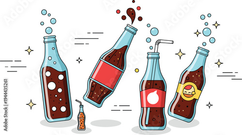 Cartoon Soda Drink Bottle Vector Set with Fizzy Cola Beverages, Glass Soft Drink Bottles, and Refreshing Carbonated Drink Illustration