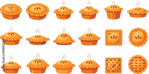 Cartoon Pie and Pastry Vector Set with Baked Dessert Pies, Apple Pie, and Sweet Bakery Treat Illustration Collection